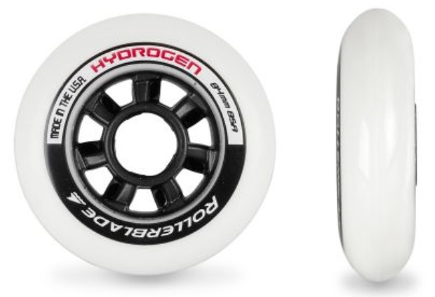 White Hydrogen skeeler wheels of 84 mm and 85A durometer in side and profile view